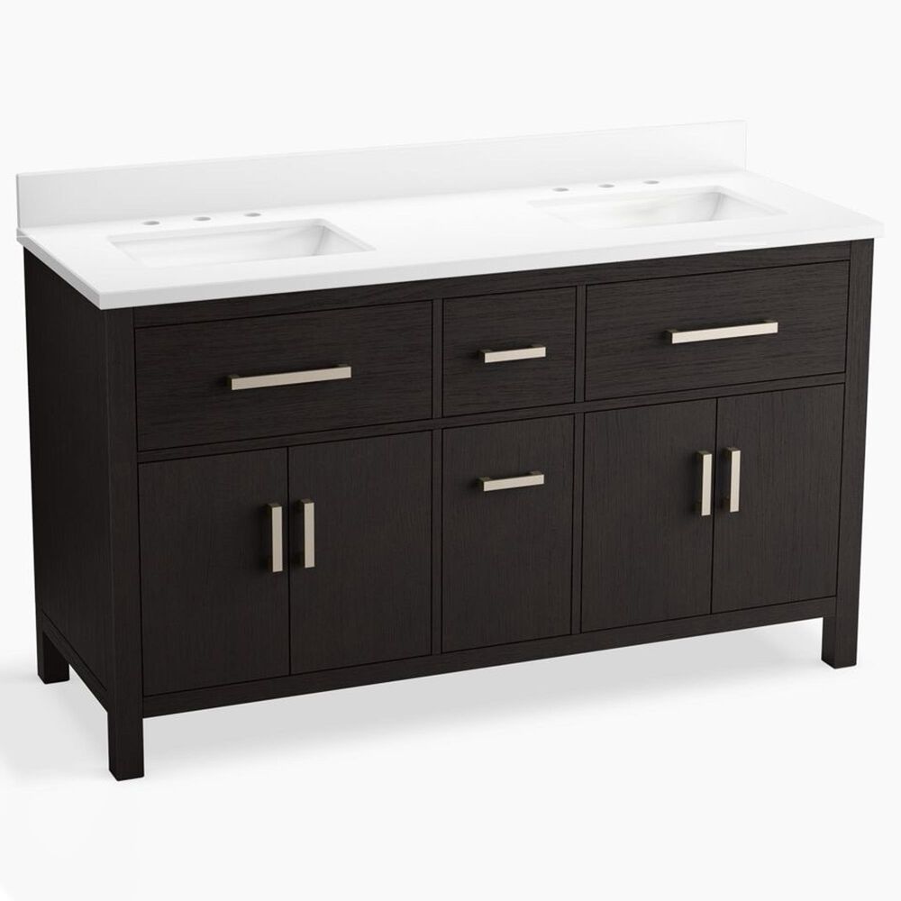 Kohler Kresla 60" Double Bathroom Vanity in Carbon Oak with 3 cm White Quartz Top and Rectangular Sinks, , large