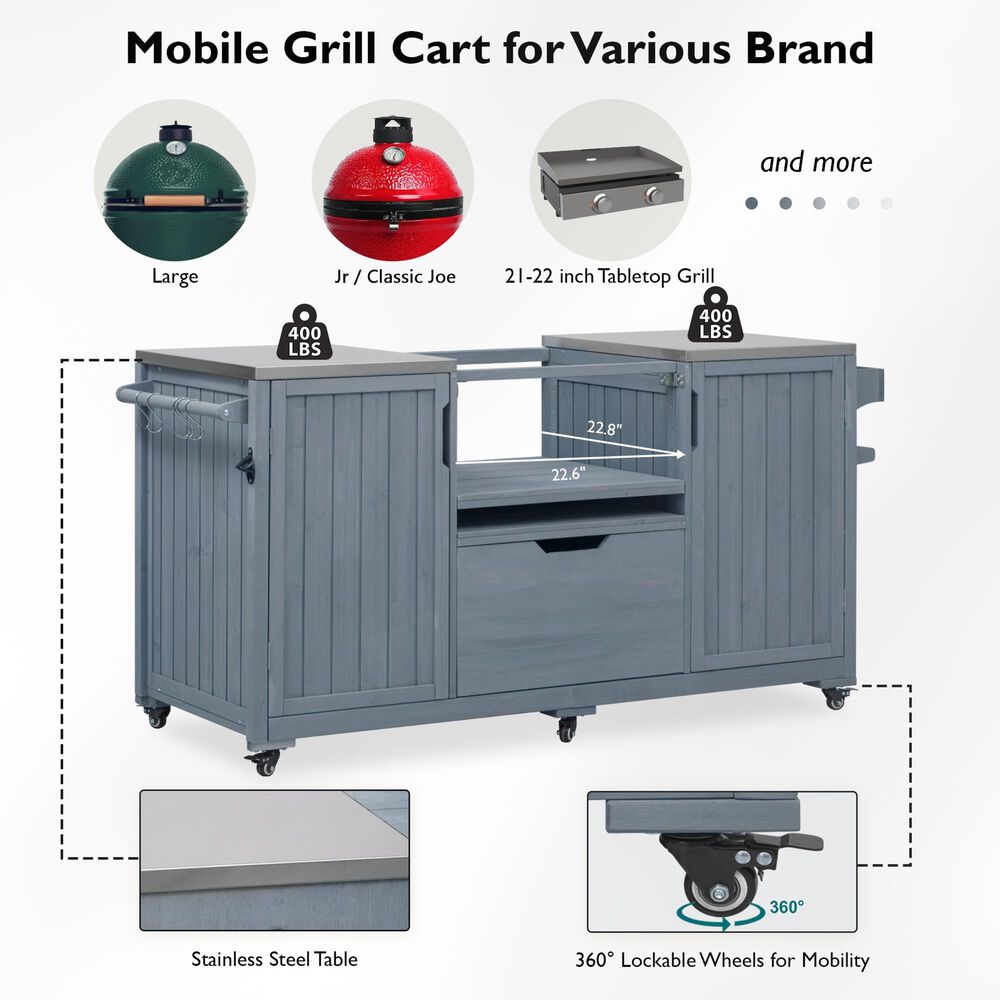 Hearth and Haven Outdoor Kitchen Island Cart with Stainless Steel Top in Grey and Blue, , large