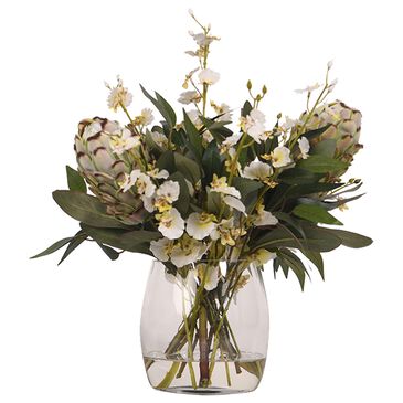 DandW Silks White Proteas and Orchids Glass Vase in White, , large