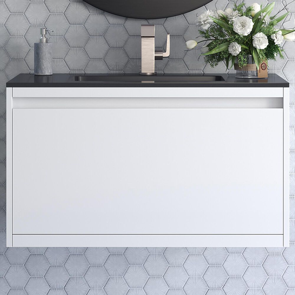James Martin Mantova 35.4&quot; Single Mounted Bathroom Vanity in Glossy White with 2 cm Charcoal Black Resin Countertop and Rectangular Sink, , large