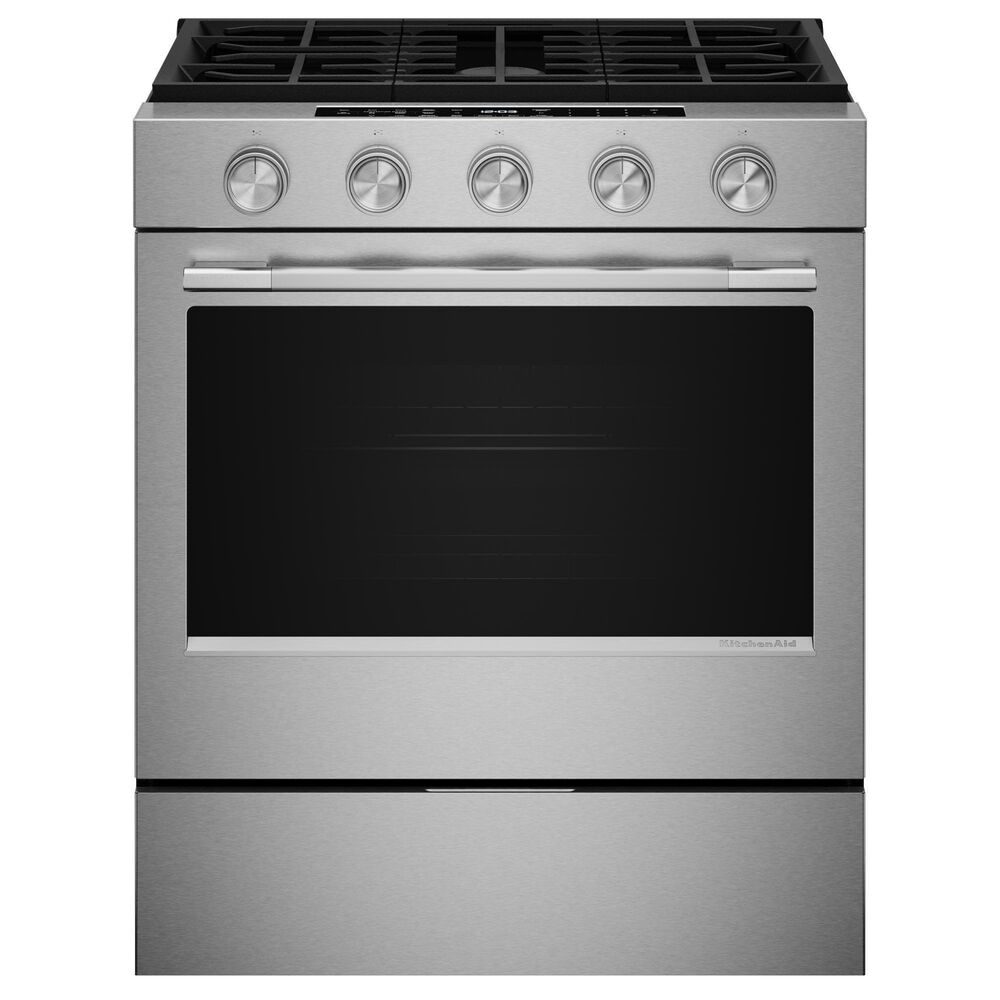 KitchenAid 2-Piece Kitchen Package with 5 Cu. Ft. Smart Slide-in Gas Range and 1.1 Cu. Ft. Multifunction Over-the-Range Microwave Oven in PrintShield Stainless Steel, , large