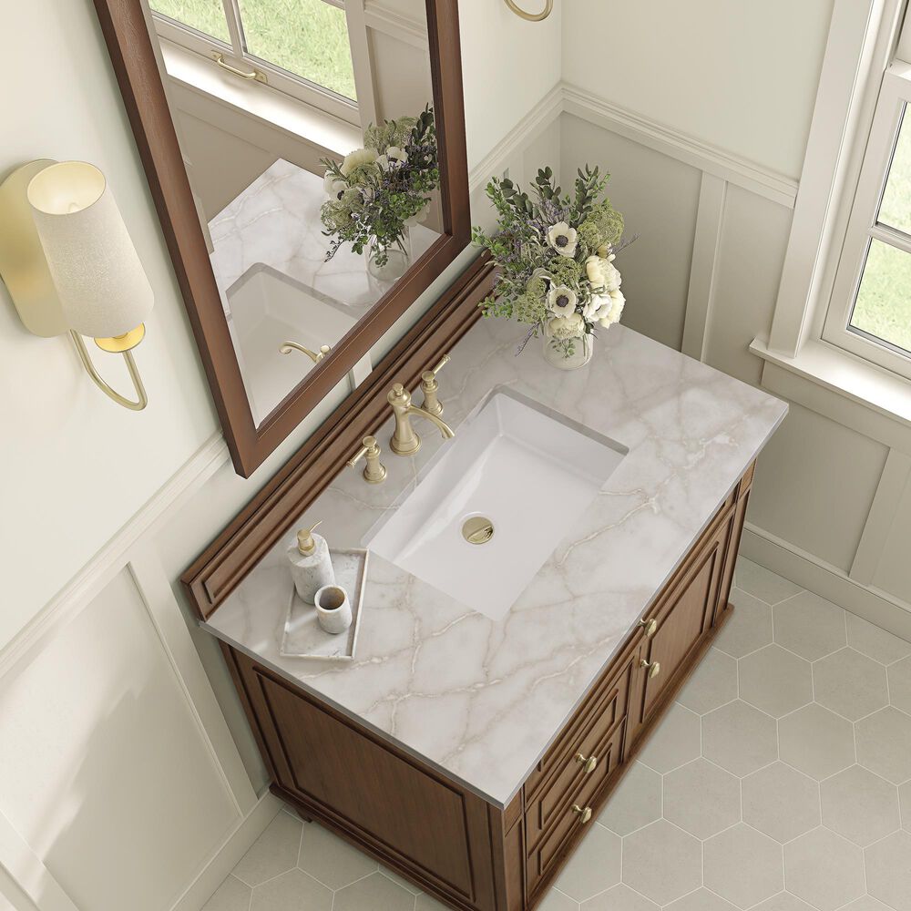 James Martin Vanities Lorelai 36&quot; Single Vanity in Mid-Century Walnut with 3 cm Victorian Silver Quartz Top, , large