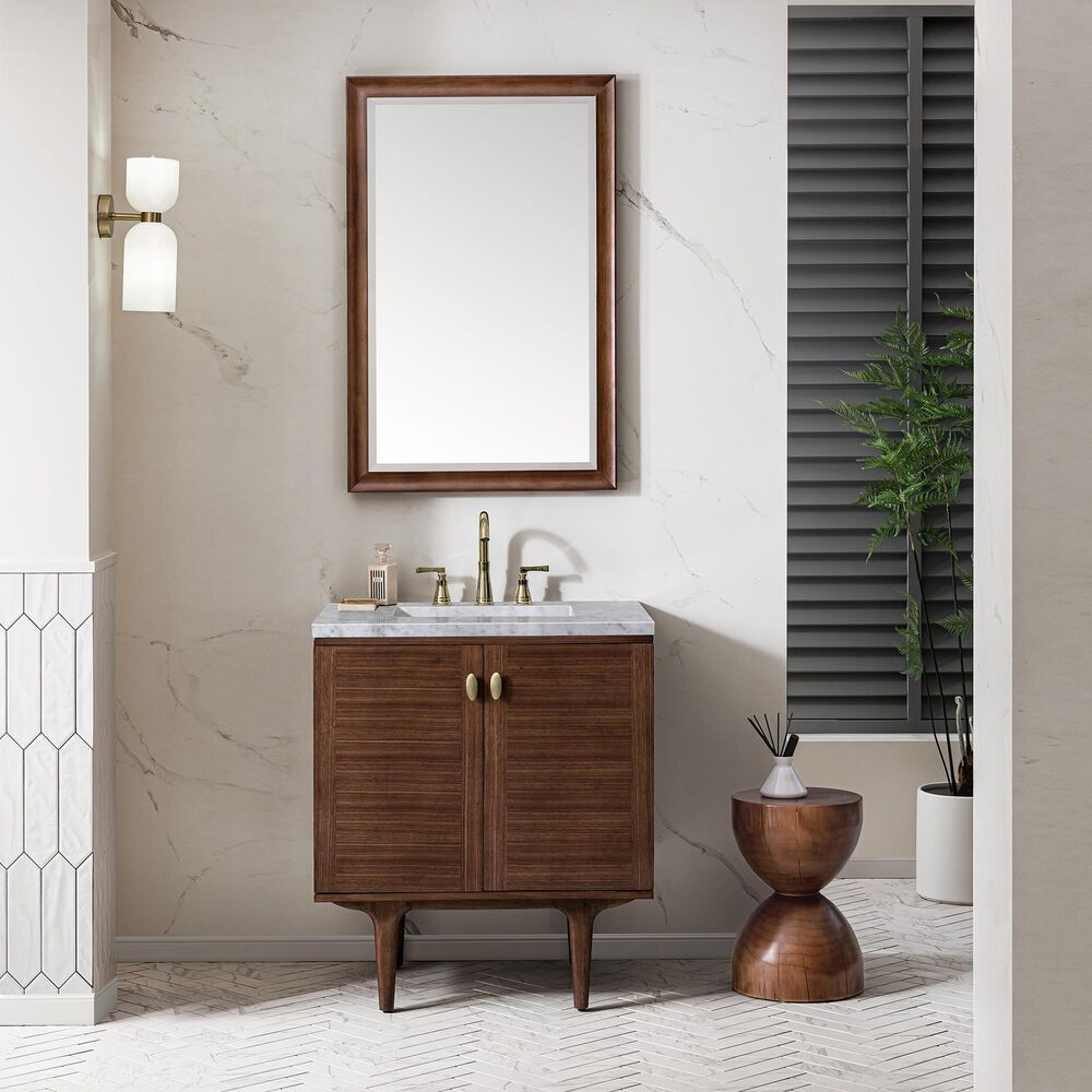 James Martin Vanities Amberly 30&quot; Single Bathroom Vanity in Walnut with 3 cm Carrara White Marble Top and Rectangular Sink, , large