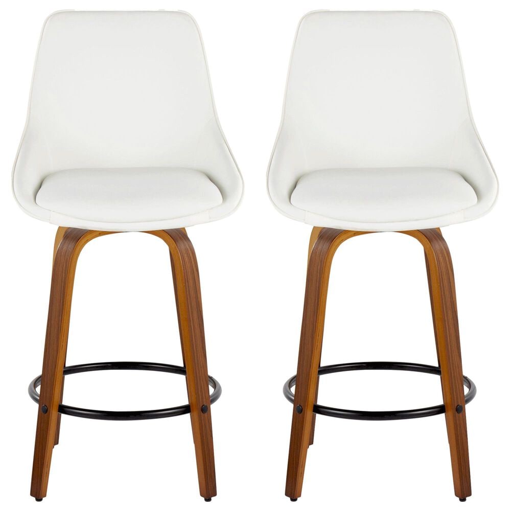 LumiSource Diana 26" Swivel Counter Stool with White Faux Leather Upholstery in Walnut and Black (Set of 2), , large