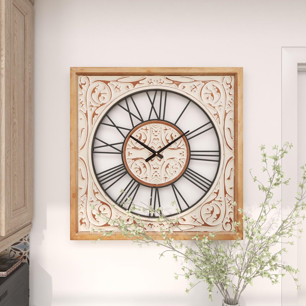 Maple and Jade 29&quot; Wall Clock in Distressed White and Brown, , large