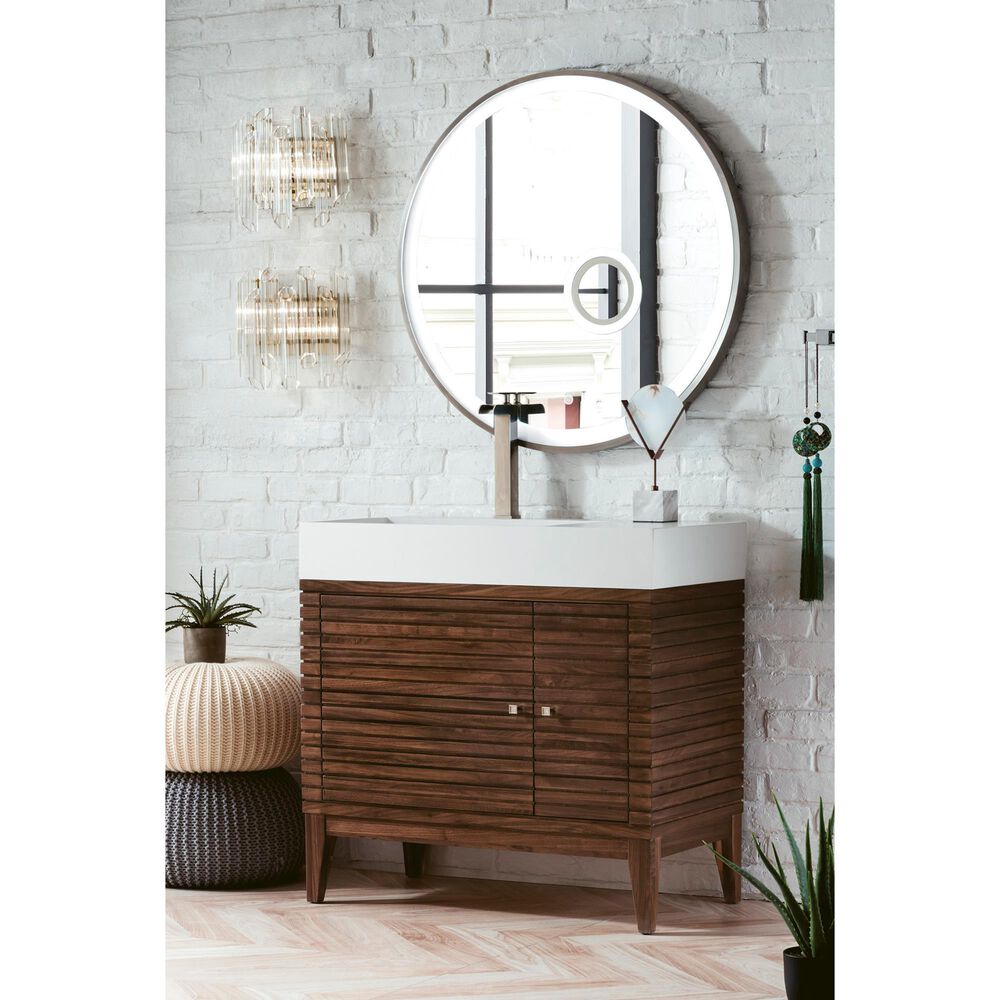 James Martin Vanities Linear 36&quot; Single Bathroom Vanity in Mid Century Walnut with 13 cm Glossy White Solid Surface Top and Rectangular Sink, , large