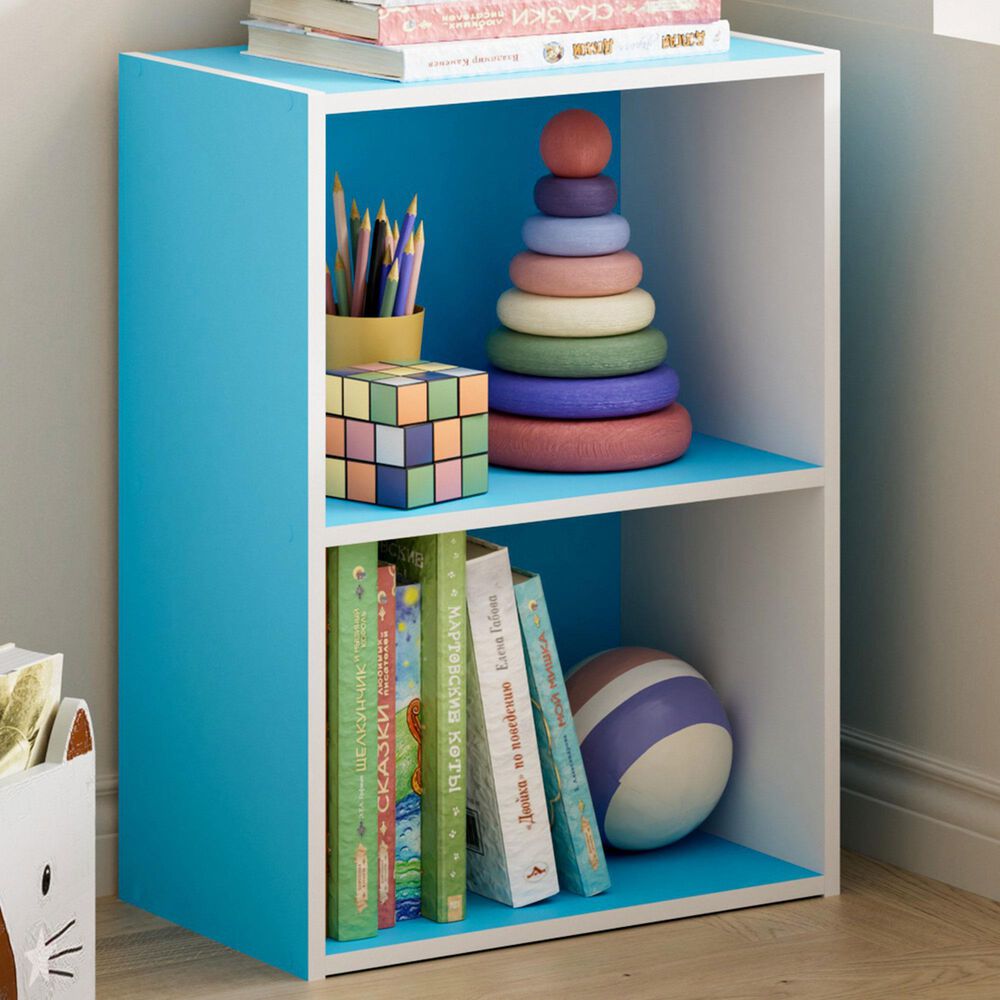 HOMLUX 2-Tier Cube Compact Storage Shelf Organizer Bookcase in Light Blue and White, , large