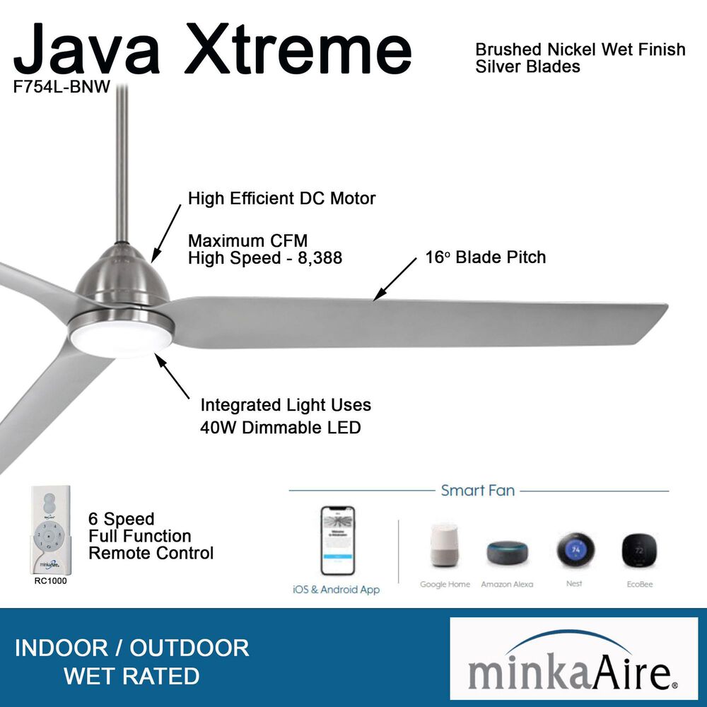 Minka-Aire Java Xtreme 84" Indoor/Outdoor LED Smart Ceiling Fan in Brushed Nickel Wet, , large