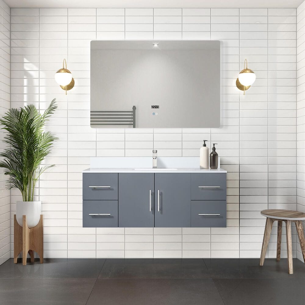 Lexora Home Geneva 48&quot; Single Bathroom Vanity in Dark Grey with 2 cm White Quartz Top and Rectangular Sink, , large