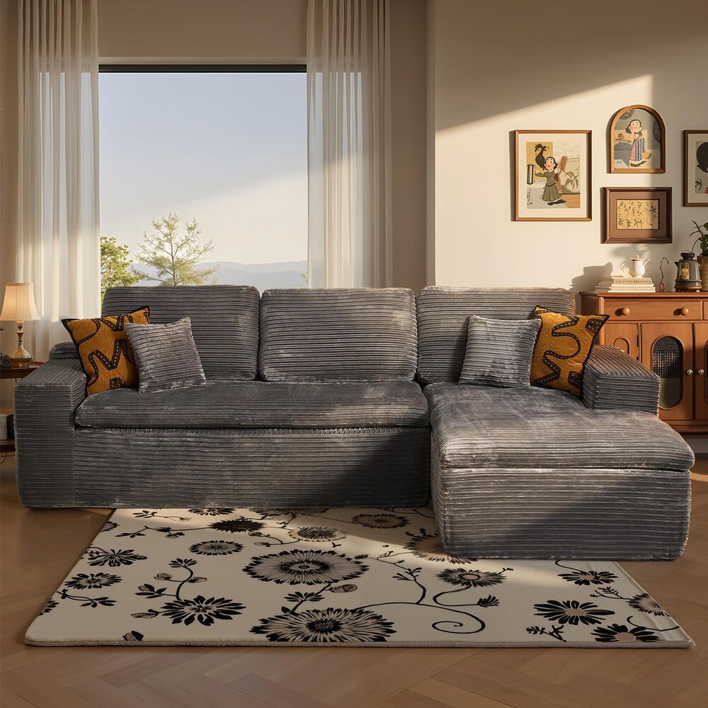 HOMLUX 2-Piece Stationary Right-Facing Chaise with Loveseat and Corduroy Fabric Upholstery in Grey, , large
