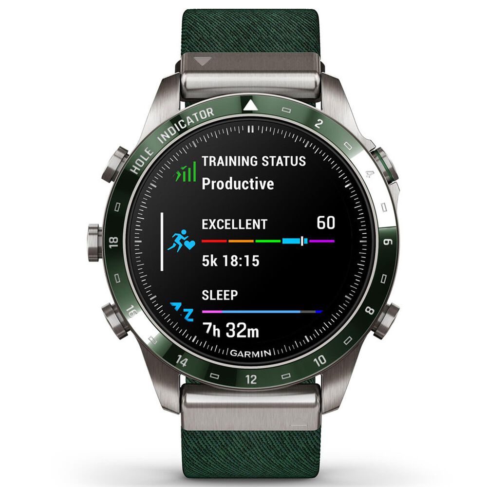 Garmin MARQ 2 Golfer AMOLED Smartwatch Silver Grade 5 Titanium Bezel Case with Green Nylon Band, , large