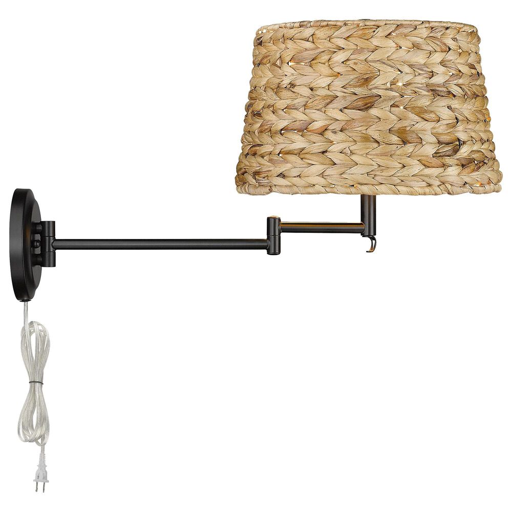 Golden Lighting Eleanor 1-Light Articulating Wall Sconce with Woven Sweet Grass Shade in Matte Black, , large