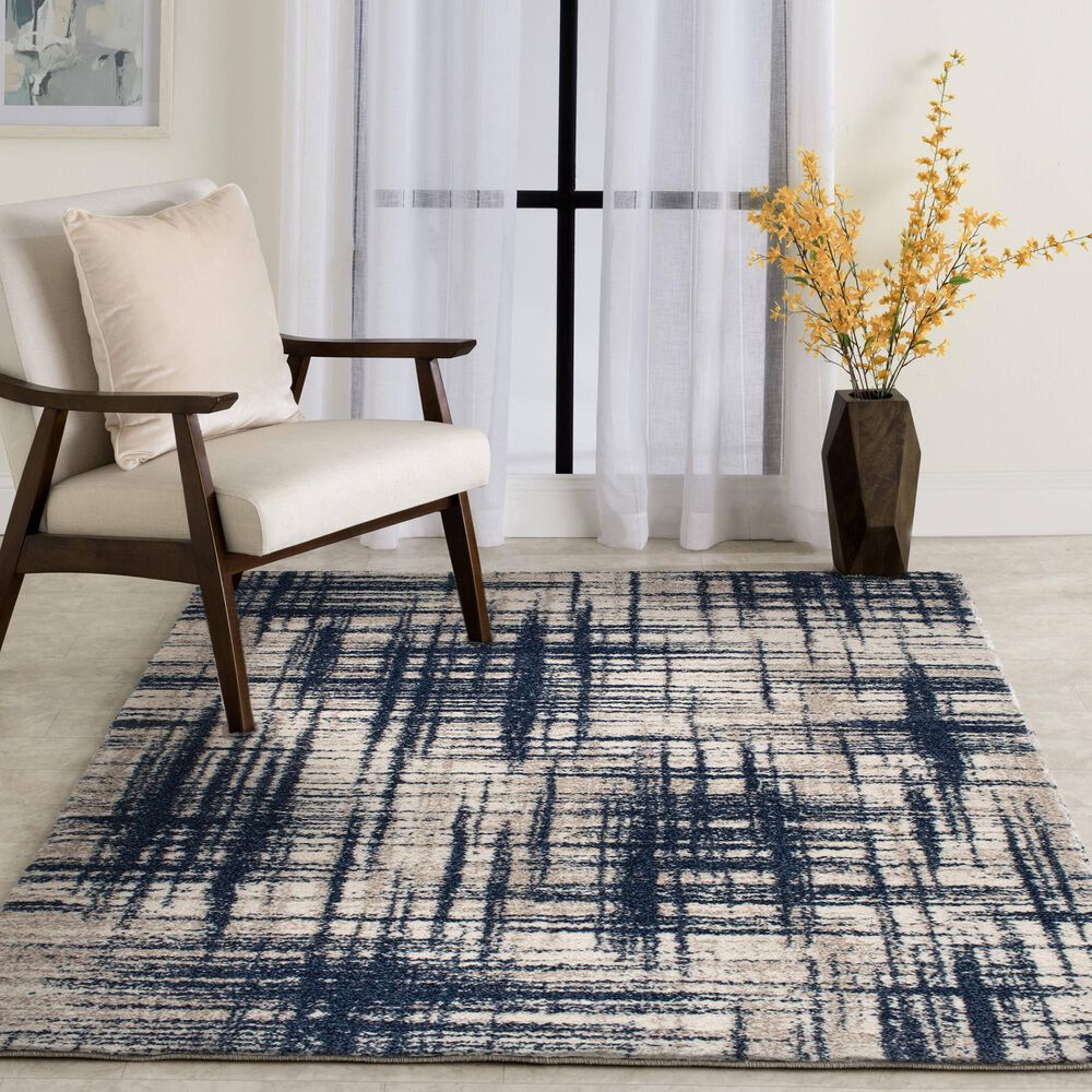 Central Oriental Oklahoma Badger 5&#39; x 7&#39;3&quot; Cream and Navy Area Rug, , large