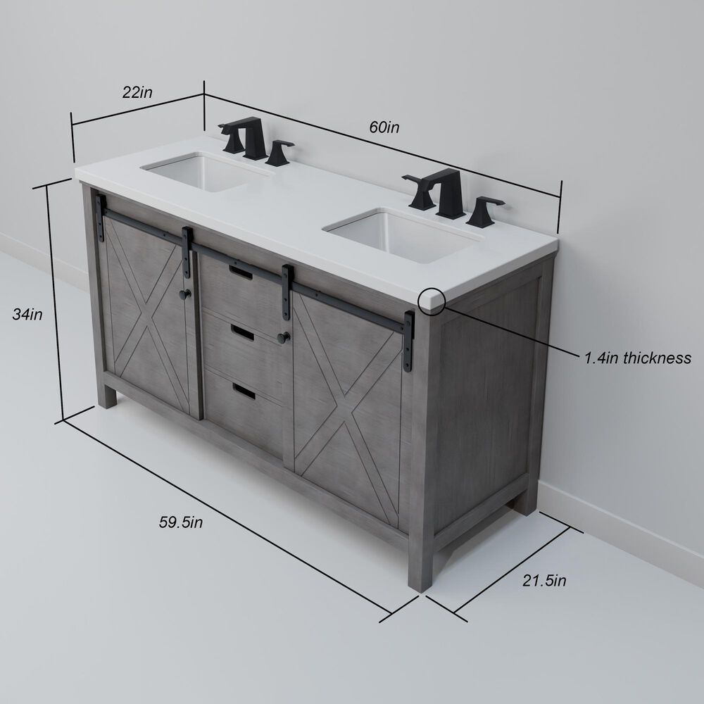 Lexora Home Marsyas 60" Double Bathroom Vanity in Ash Grey with White Quartz Top and Rectangular Sinks, , large