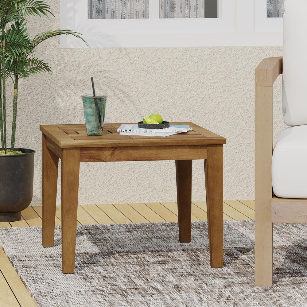 Hearth and Haven Hampton Outdoor Square Side Table with Slatted Top in Natural, , large