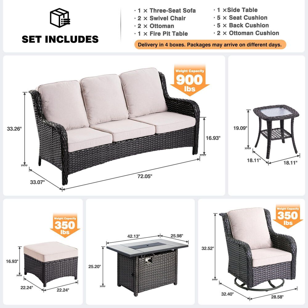 HOMLUX 7-Piece Patio Set with 42 Inch Fire Pit Table, Outdoor Wicker Sofa and Swivel Rocking Chairs, Brown Rattan in Beige, , large