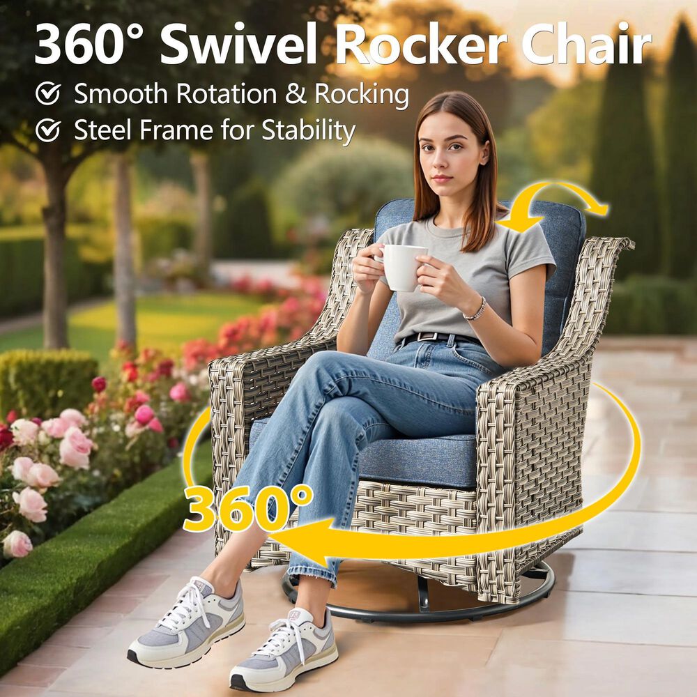 HOMLUX 3-Piece Outdoor Swivel Rocking Chair Set and Side Table in Denim Blue, , large