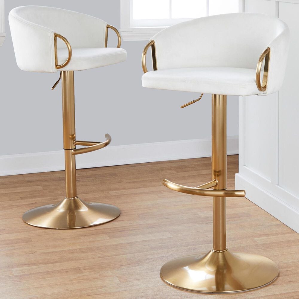 LumiSource Claire Swivel Adjustable Barstool with Cream Velvet Upholstery in Gold (Set of 2), , large