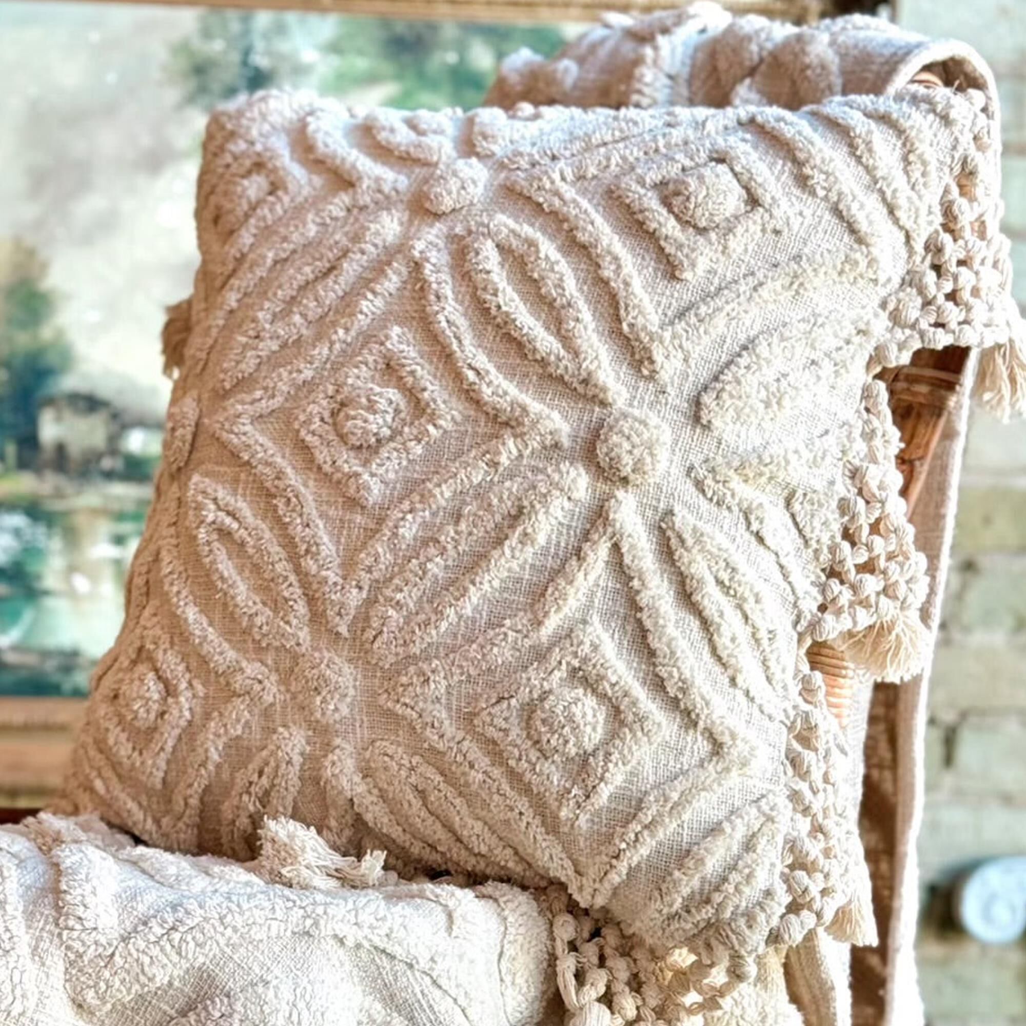 Patina Vie Bespoke Macrame Trim 20 Square Throw Pillow in Ivory NFM