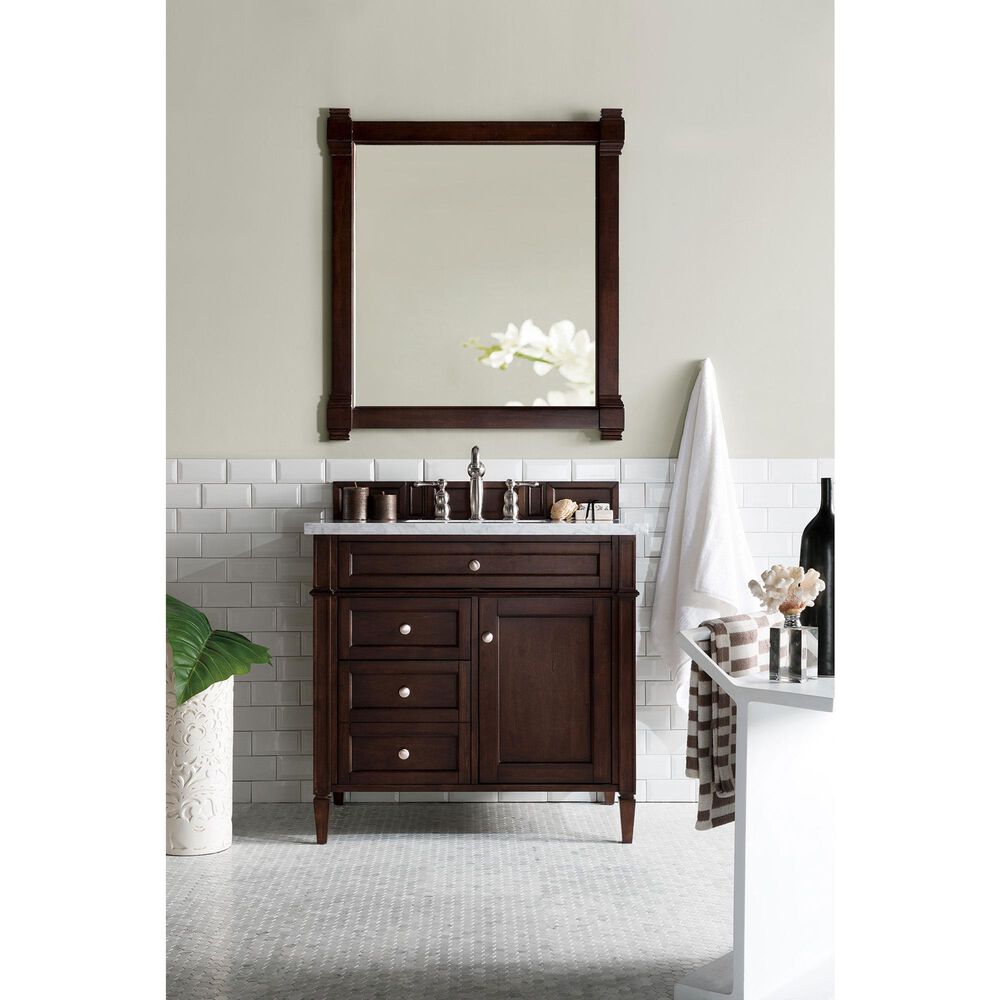 James Martin Vanities Brittany 36&quot; Single Bathroom Vanity in Burnished Mahogany with 3 cm Carrara White Marble Top and Rectangle Sink, , large
