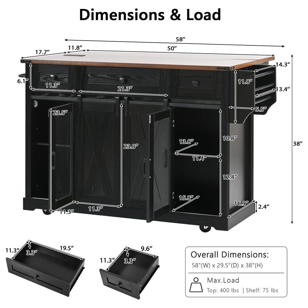 HOMLUX 58" Kitchen Island with Drop Leaf in Black and Brown, , large