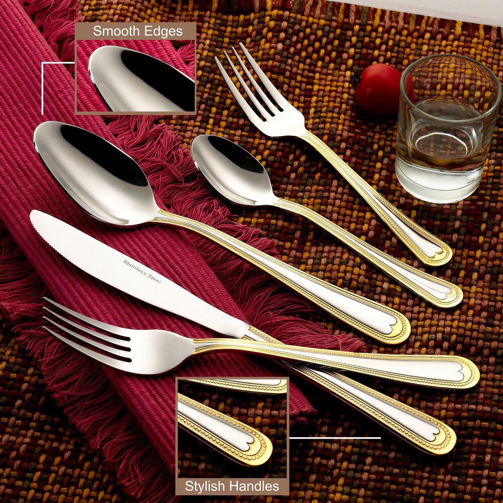 Gifts Plus 20-Piece Atrani Flatware Set with Gold Trimmed in Stainless Steel, , large