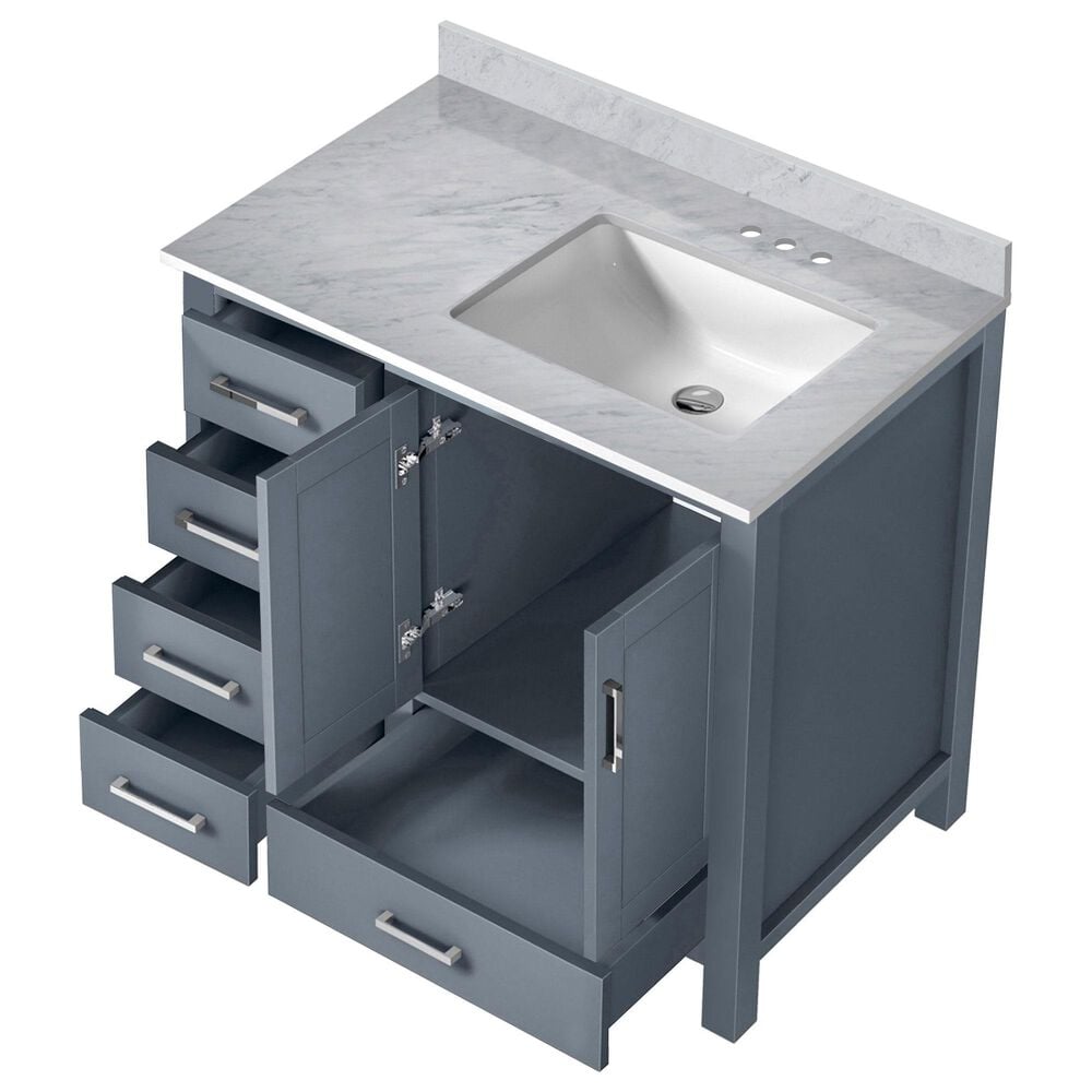 Lexora Home Jacques 36" Right Offset Single Bathroom Vanity in Dark Grey with 2 cm White Carrara Marble Top and Rectangular Sink, , large