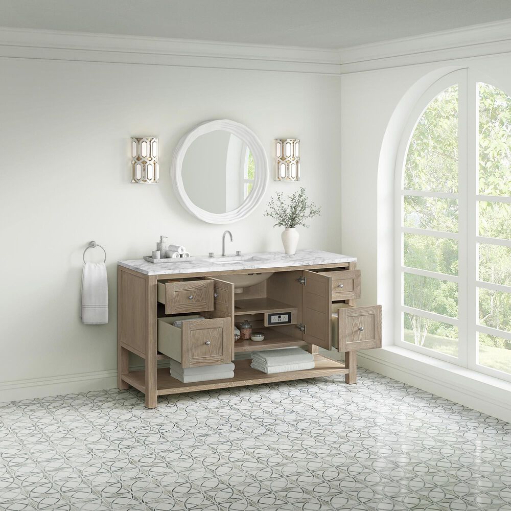James Martin Vanities Breckenridge 60&quot; Single Bathroom Vanity in Whitewashed Oak with 3 cm Carrara White Marble Top and Rectangular Sink, , large