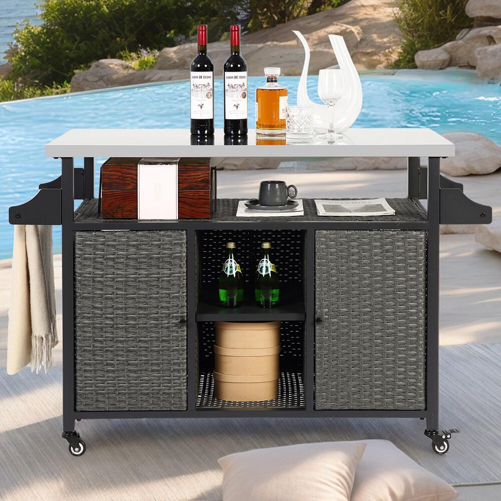 Hearth and Haven 2-Door Outdoor Bar Cart with Stainless Steel Top in Grey, , large