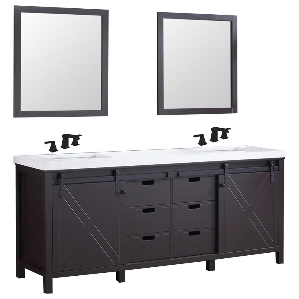 Lexora Home Marsyas 80" Double Bathroom Vanity in Brown with White Quartz Top, Rectangle Sinks, Matte Black Faucets and Mirrors, , large
