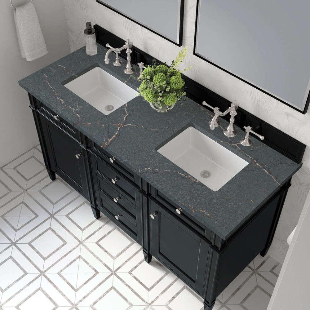 James Martin Vanities Brittany 60&quot; Double Bathroom Vanity in Black Onyx with 3 cm Parisien Bleu Quartz Top and Rectangular Sinks, , large