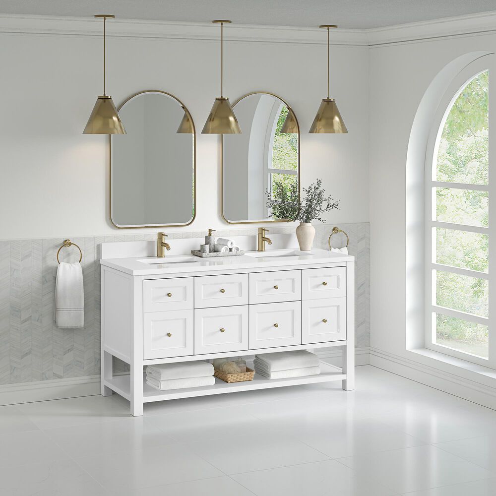 James Martin Vanities Breckenridge 60&quot; Double Bathroom Vanity in Bright White with Single Hole 3 cm White Zeus Quartz Top and Rectangular Sinks, , large