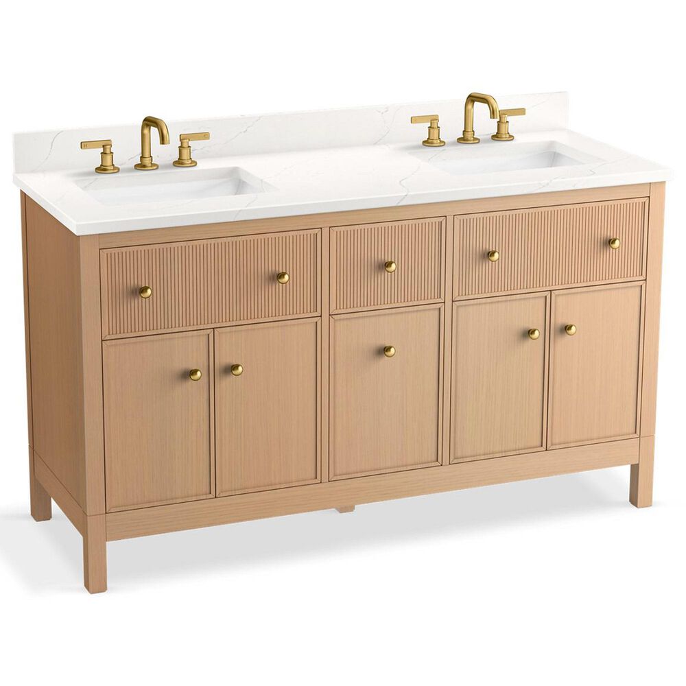 Kohler Malin 60" Double Bathroom Vanity in White Oak with 3 cm White Quartz Top and Rectangular Sinks, , large