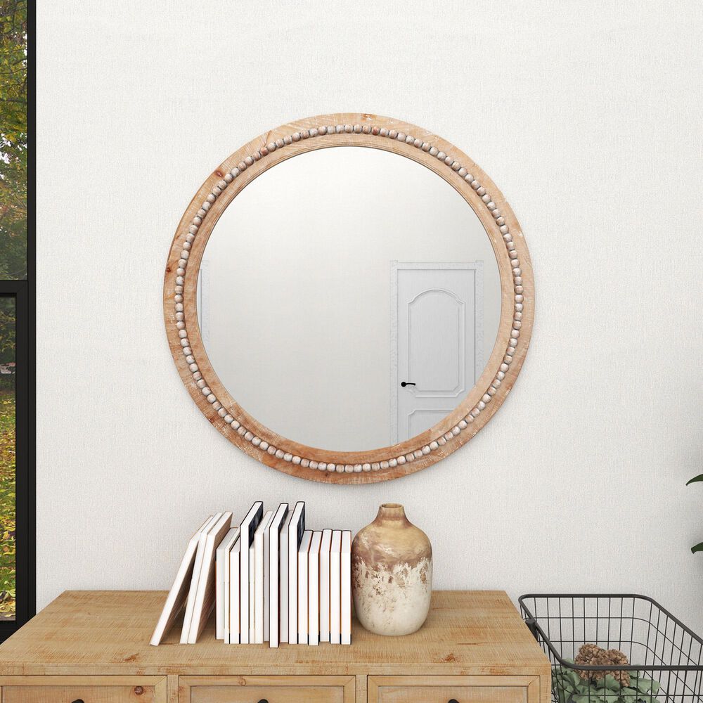 Maple and Jade 36&quot; Bohemian Wall Mirror with Beaded Frame in Distressed Light Brown and White, , large