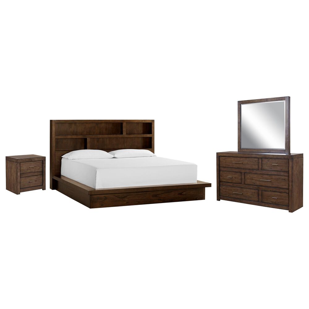 Riva Ridge Modern Loft 4 Piece King Bookcase Platform Bedroom Set in Brownstone, , large