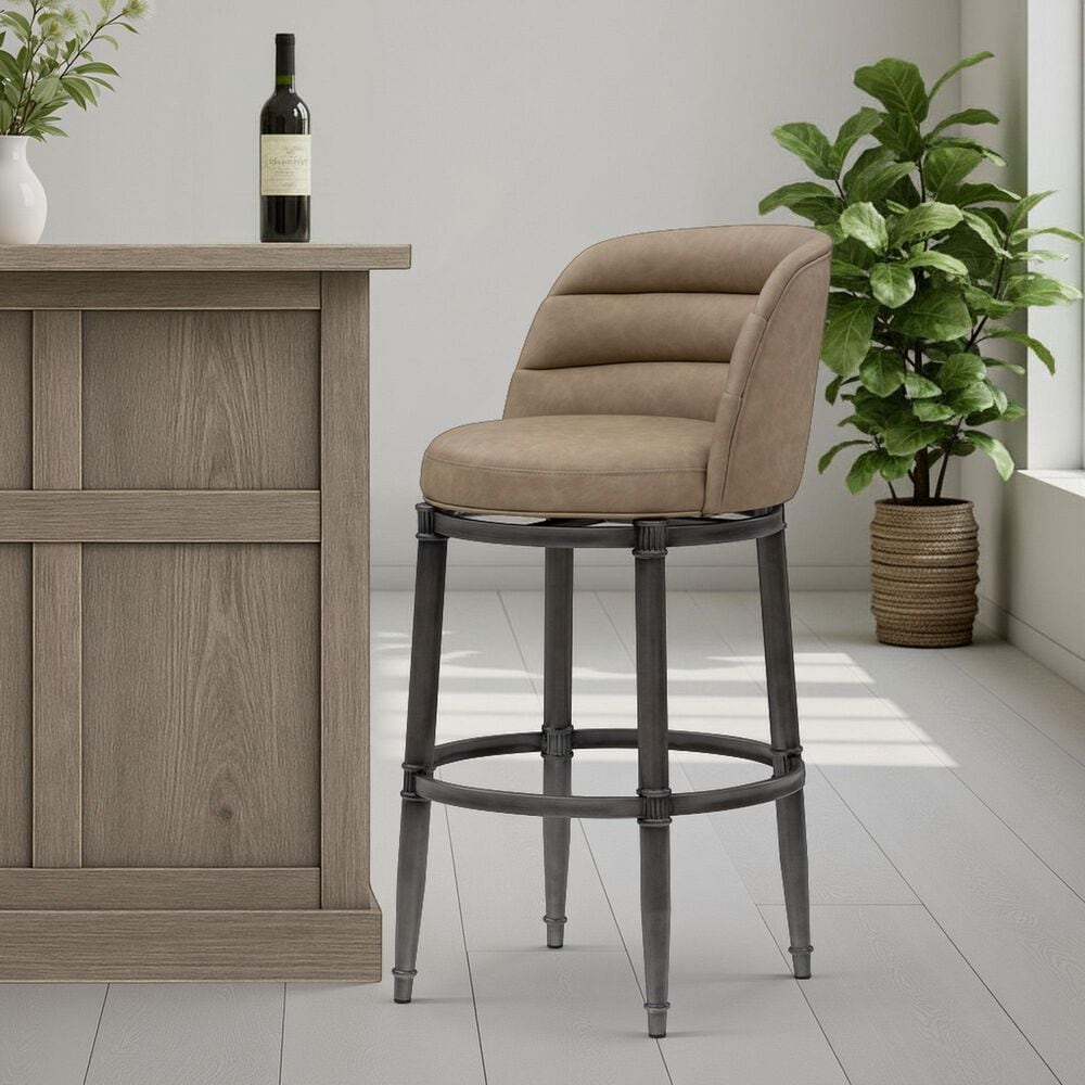 Armen Living Eunice Swivel Bar Height Stool with Mushroom Brown Upholstery in Antique Pewter, , large