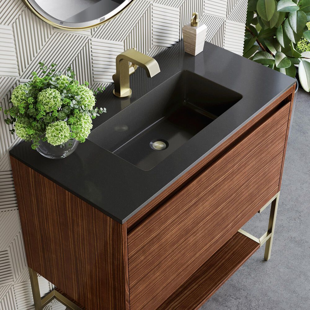 James Martin Vanities Mantova 35.4&quot; Single Vanity in Mid-Century Walnut and Champagne Brass with 3 cm Charcoal Black Composite Stone Top and Rectangular Sink, , large