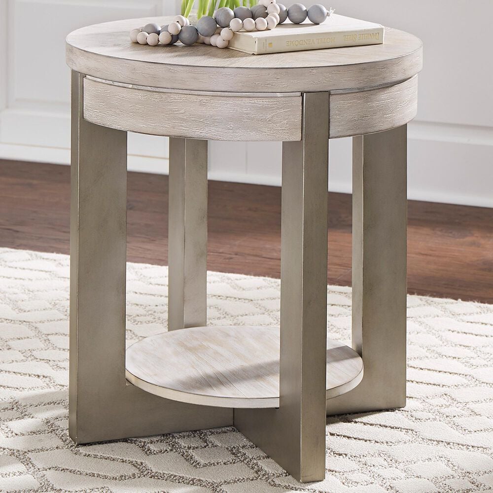 Signature Design By Ashley Urlander Round End Table In Whitewash
