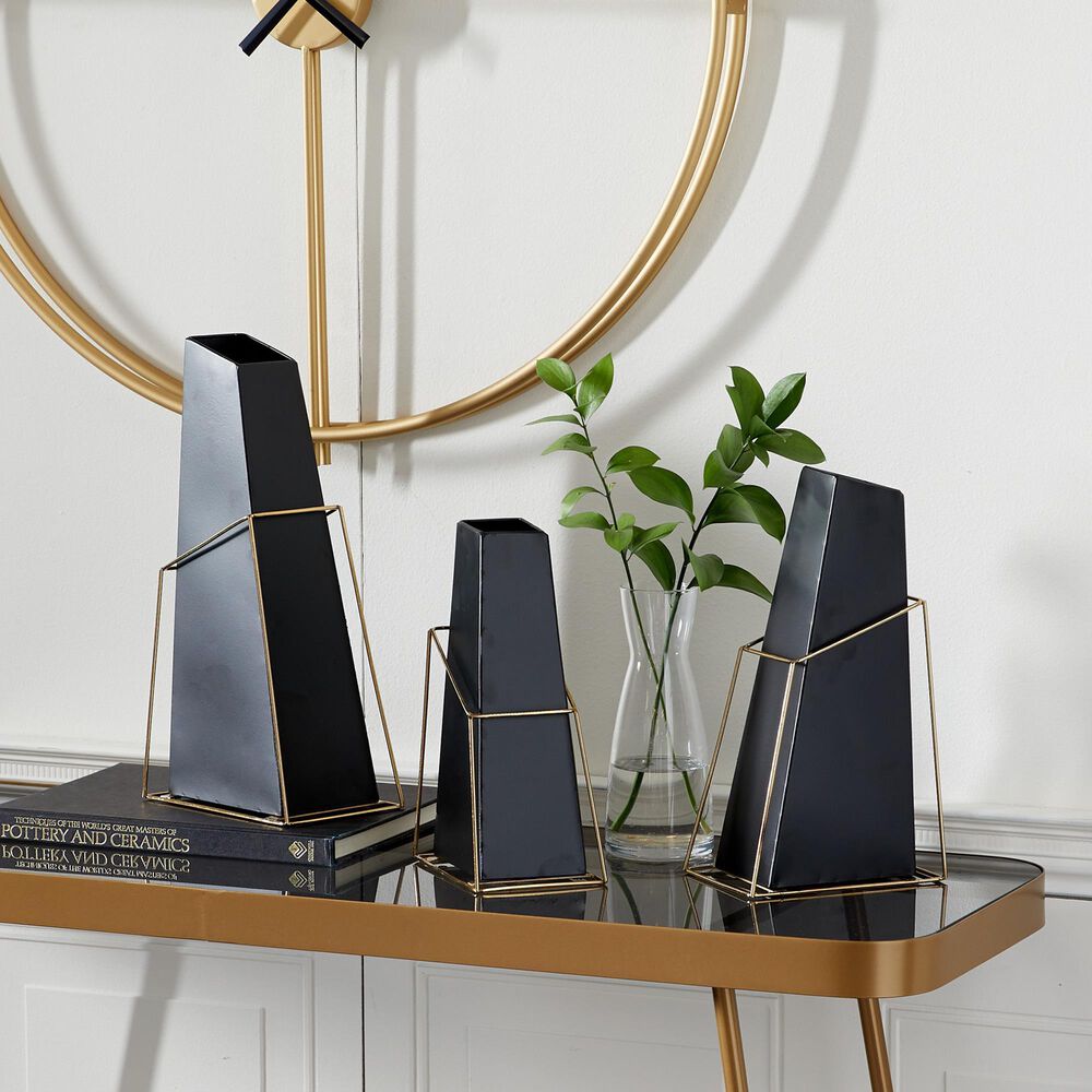 Maple and Jade 14&quot; Geometric Vase in Black and Gold &#40;Set of 3&#41;, , large
