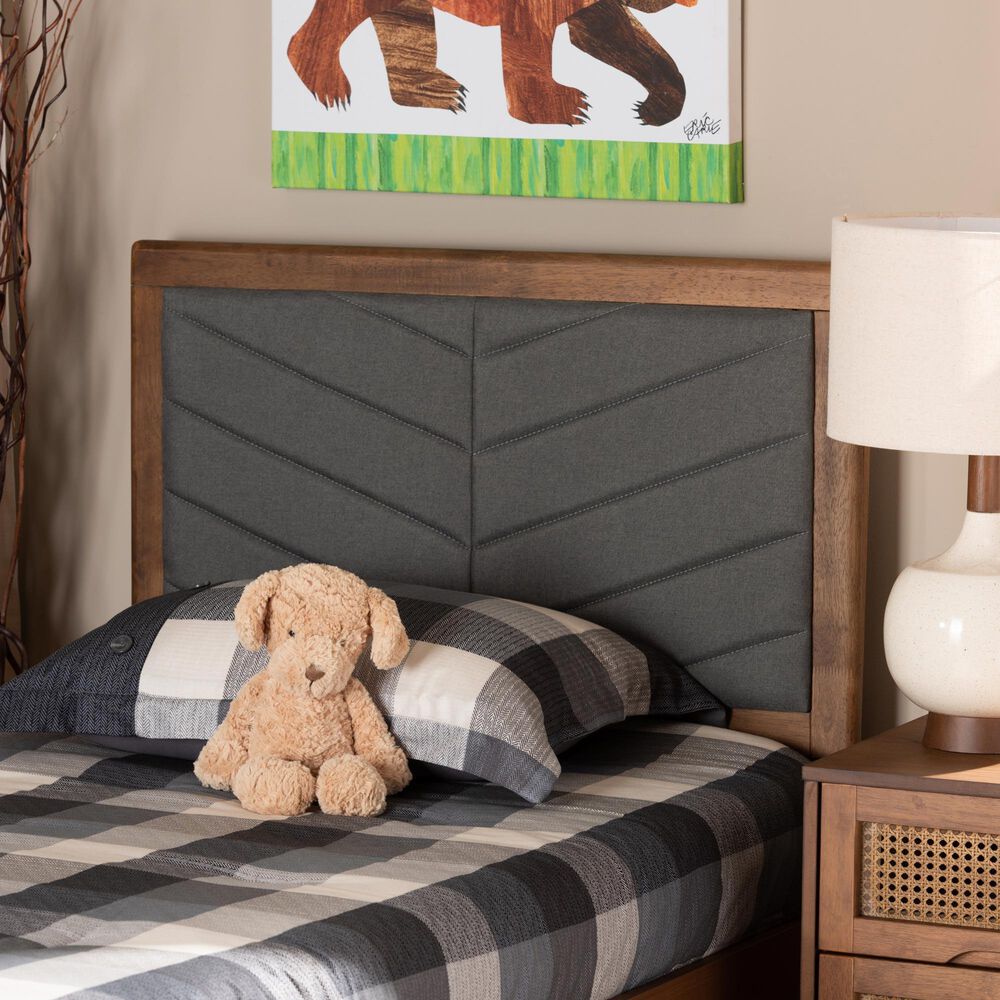 Baxton Studio Iden Twin Upholstered Headboard with Dark Grey Fabric in Walnut Brown, , large