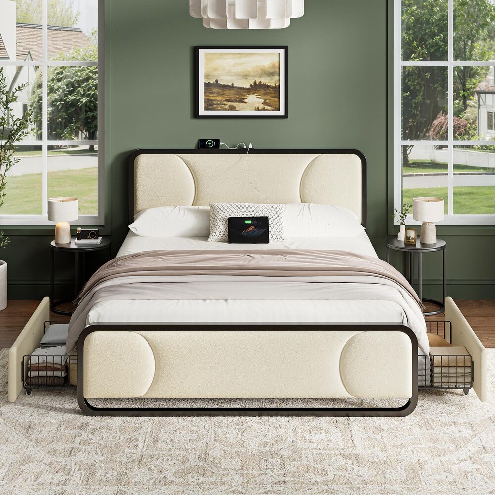 HOMLUX Queen Upholstered Platform Storage Bed in Beige, , large
