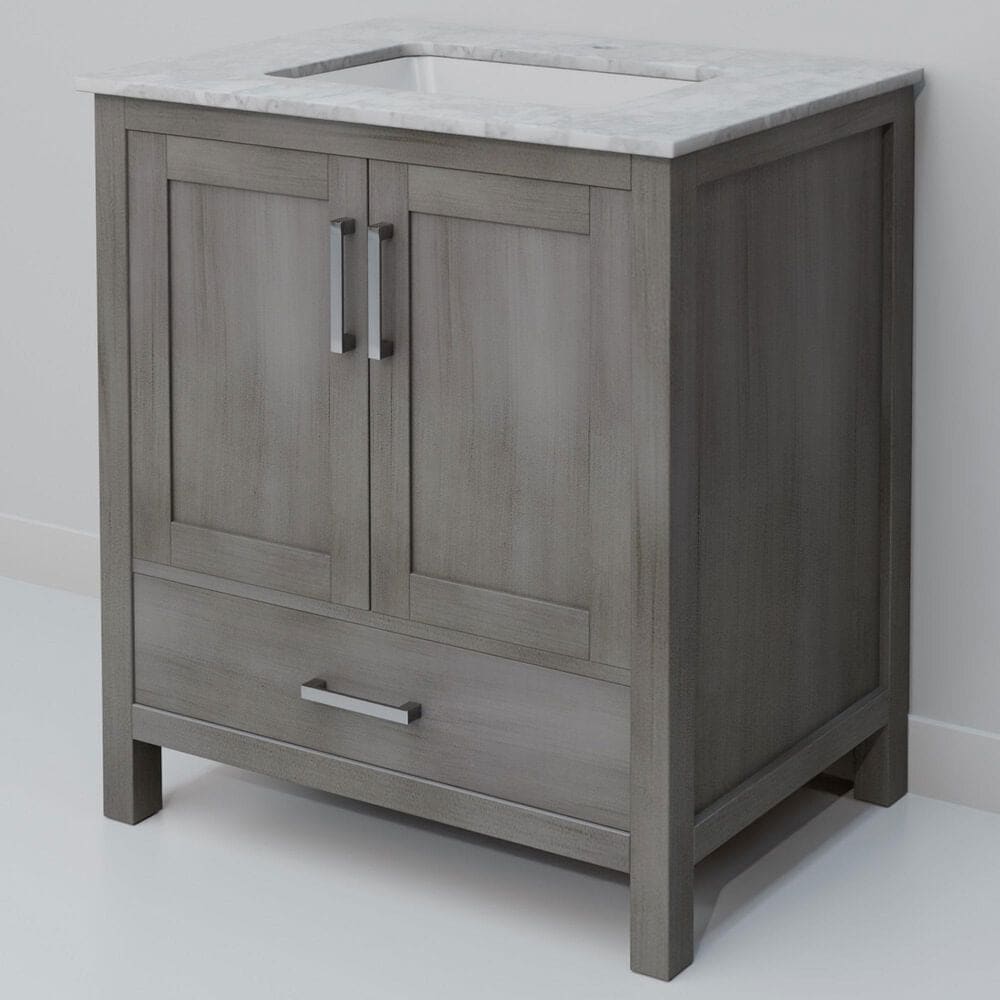 Lexora Home Jacques 30" Single Bathroom Vanity in Distressed Grey with 2 cm White Carrara Marble Top and Rectangular Sink, , large