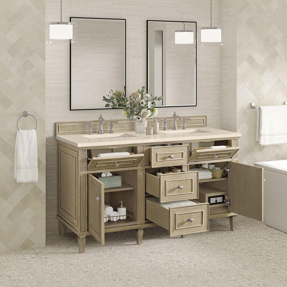 James Martin Vanities Lorelai 60&quot; Double Vanity in Whitewashed Oak with 3 cm Eternal Marfil Quartz Top, , large