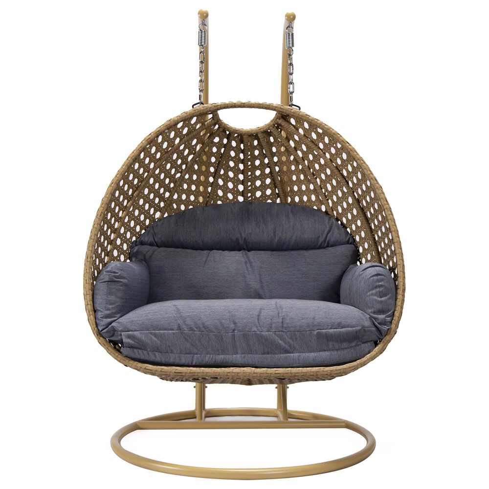 Leisuremod Mendoza Patio 2-Seat Hanging Egg Swing Chair with Charcoal Cushion in Light Brown, , large
