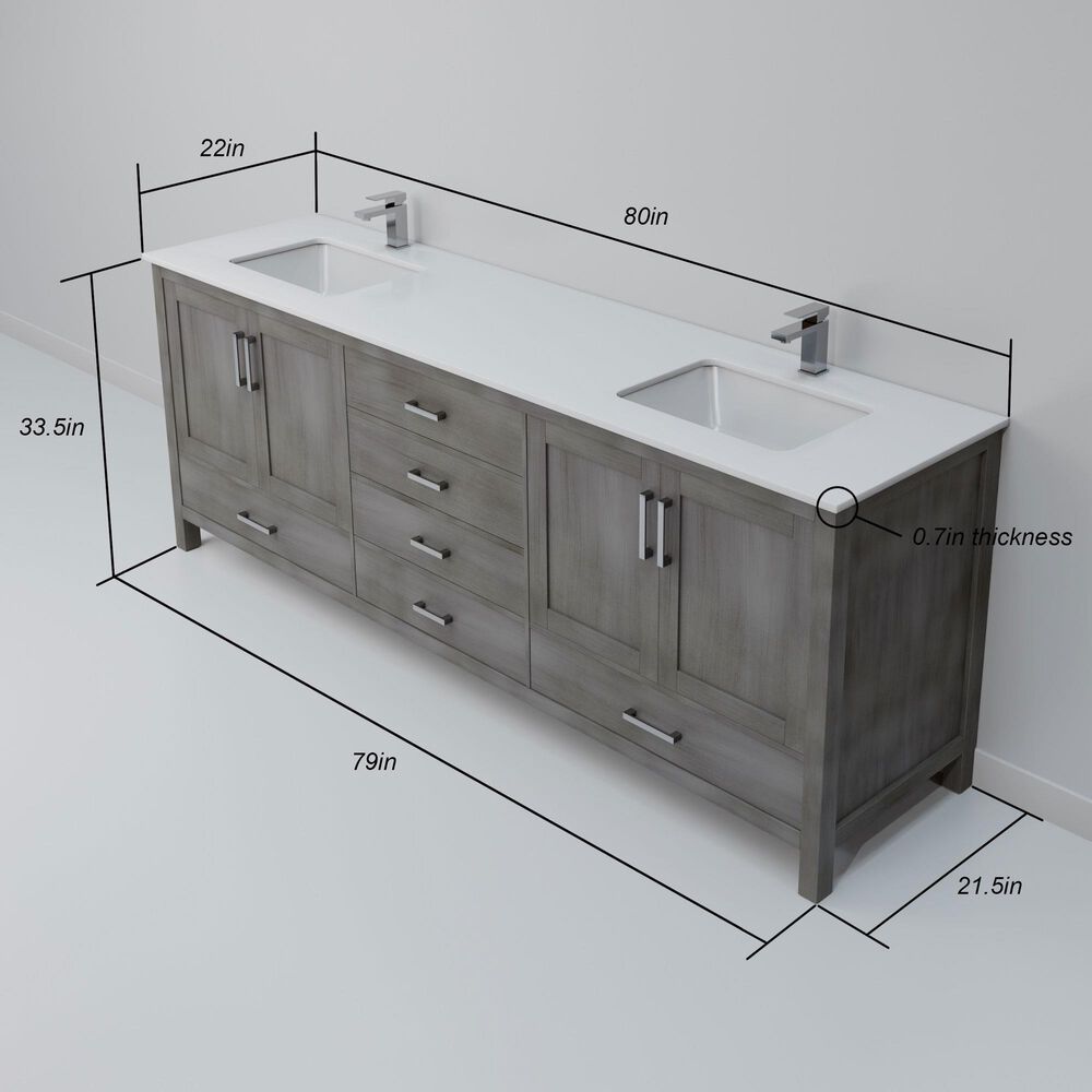 Lexora Home Jacques 80" Double Bathroom Vanity in Distressed Grey with 2 cm White Quartz Top and Rectangular Sinks, , large