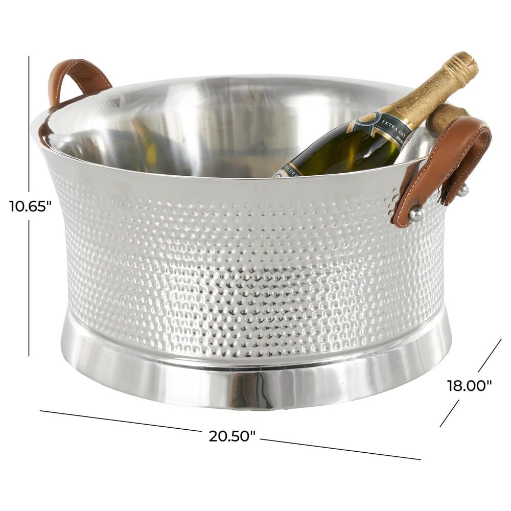 Maple and Jade Decorative Ice Bucket with Brown Leather Handle in Silver Stainless Steel, , large