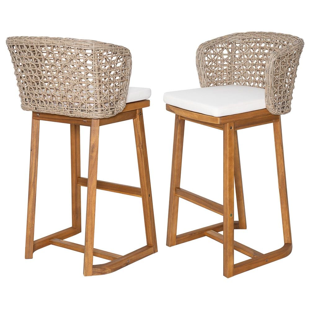 Hearth and Haven Outdoor Bar Stool with Woven Wicker Back and Cushion in Beige (Set of 2), , large