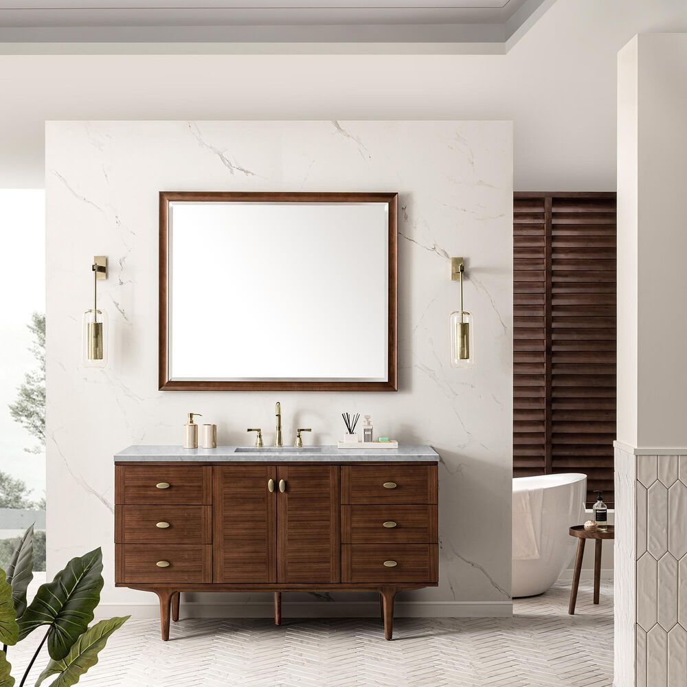 James Martin Vanities Amberly 60&quot; Single Bathroom Vanity in Walnut with 3 cm Carrara White Marble Top and Rectangular Sink, , large