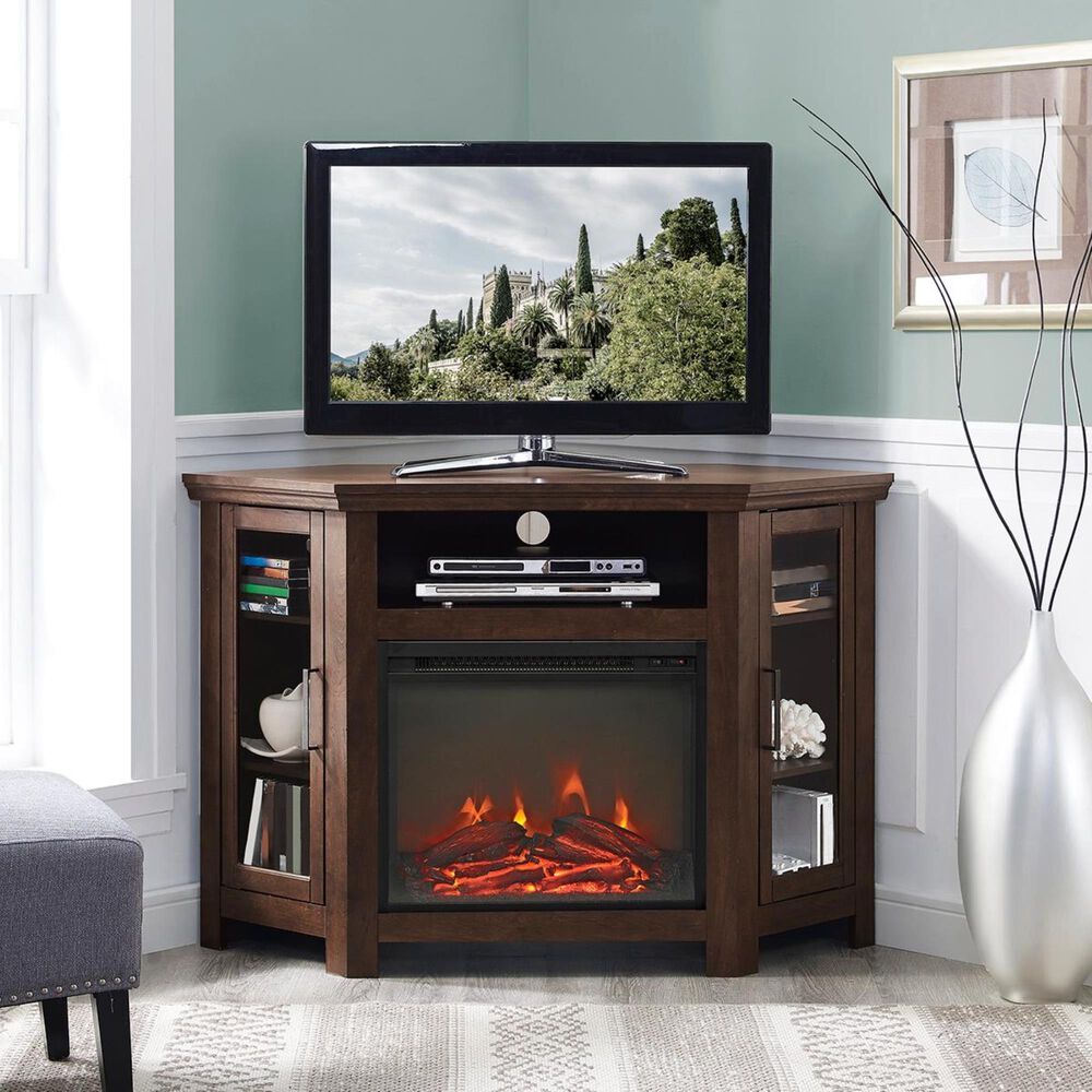 Walker Edison 48" Corner Fireplace TV Stand in Traditional Brown