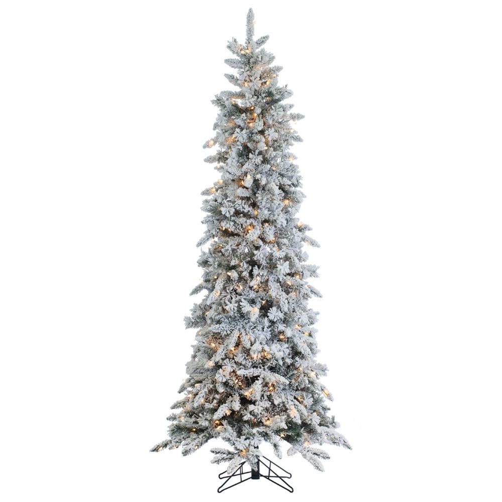 The Gerson Company 7.5" Pre-Lit Artificial Narrowed Flocked Pencil Pine with White Lights in Green, , large